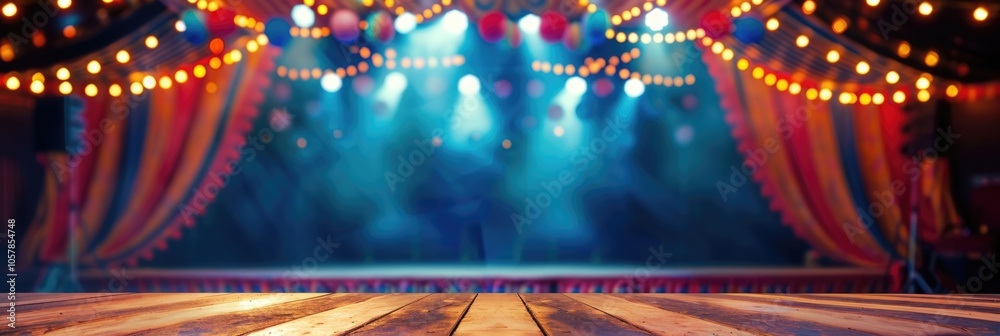 frame, horizontal banner, abstract background, red striped circus dome, wooden circus stage, floodlights, luminous garlands, glitter and radiance, bokeh effect, copy space, free space for text