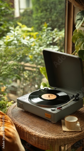 Listening to vinyl records by the window while surrounded by greenery in the afternoon