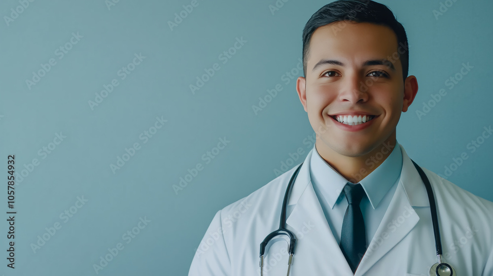 Young male doctor wearing a white coat and stethoscope, smiling confidently against a blue background. Healthcare professional portrait. Young male doctor wearing a white coat and stethoscope, smiling confidently against a blue background. Healthcare professional portrait.