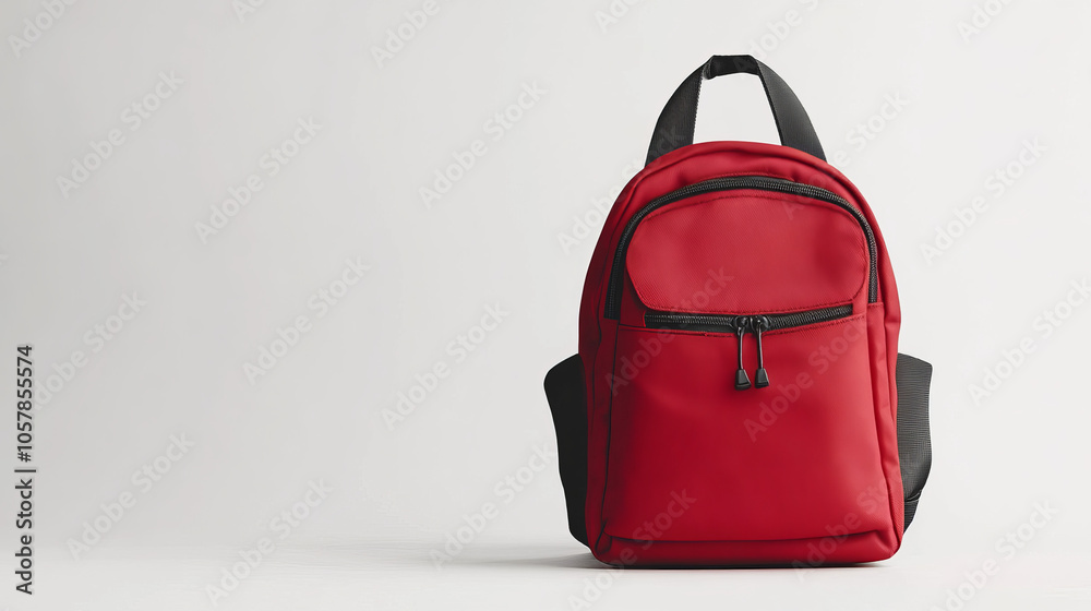 A red backpack standing alone against a white background. A red backpack standing alone against a white background.