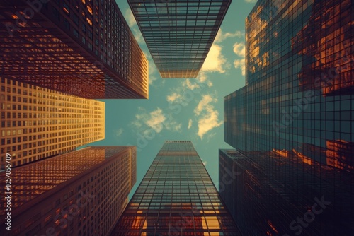 Tall modern skyscraper reflecting clouds in the bright daylight sky in an urb...