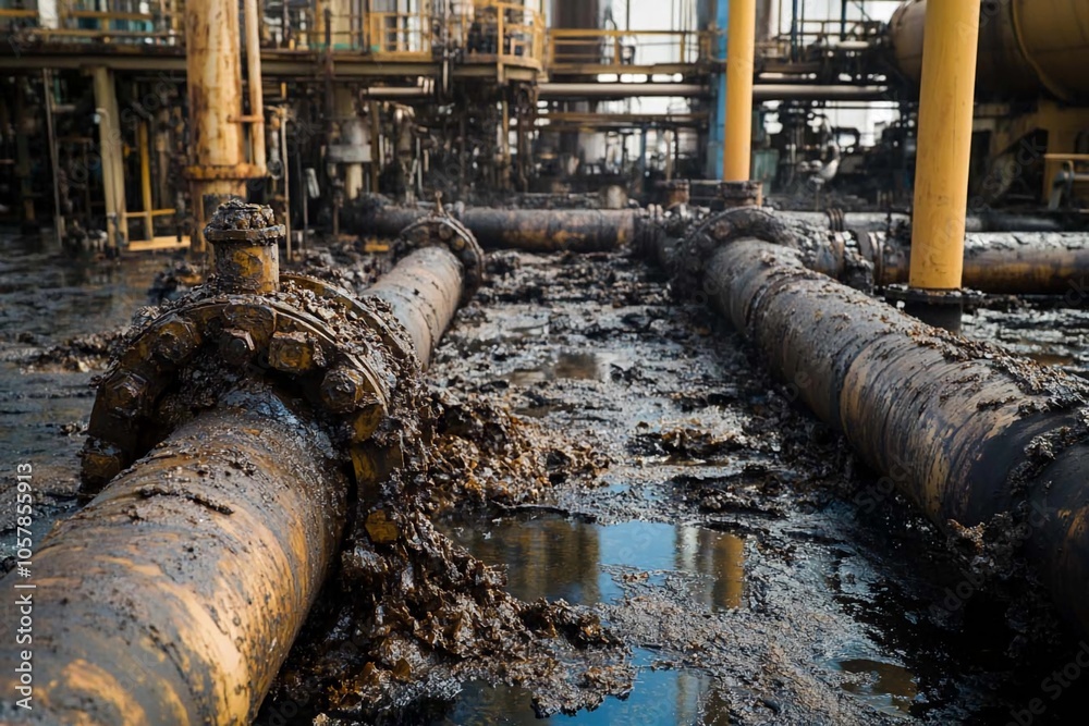 Industrial pipes marred by sludge in an oil refinery at dusk, revealing neglect. Generative AI Industrial pipes marred by sludge in an oil refinery at dusk, revealing neglect. Generative AI