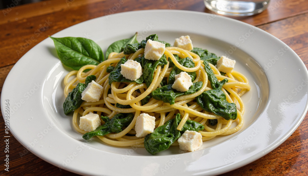 Spaghetti with spinach and cheese on white plate Spaghetti with spinach and cheese on white plate