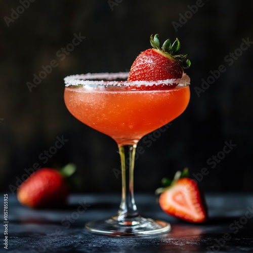 A refreshing strawberry margarita served in a classic glass on a dark background