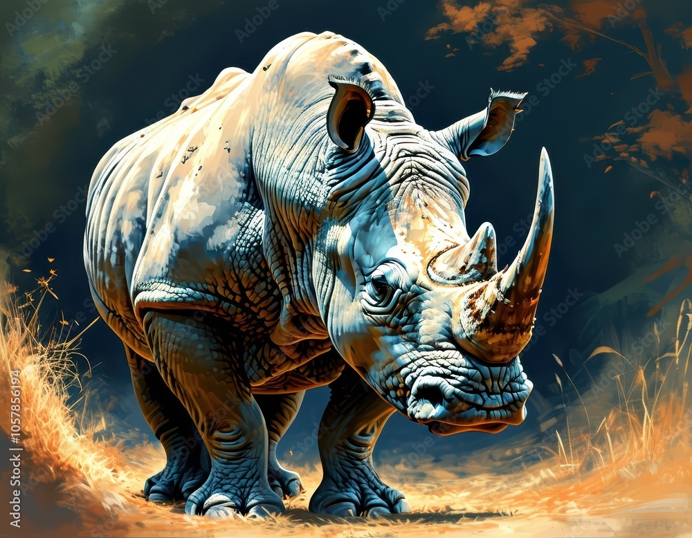 Fototapeta premium Powerful rhino in the wild, with detailed textured skin.