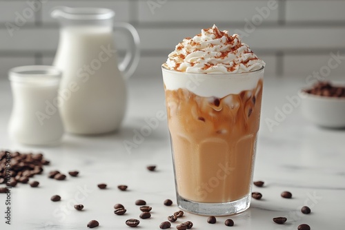 Delicious iced coffee topped with whipped cream and chocolate shavings on a m...