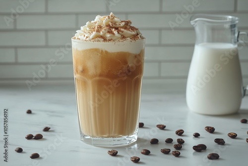 Delicious iced coffee topped with whipped cream and chocolate shavings on a m...