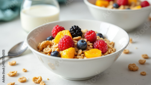 A bowl of cereal with fruit on a table.