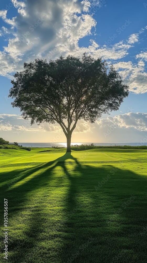 Large tree casting a shadow on lush green grass near the ocean during a sunny day