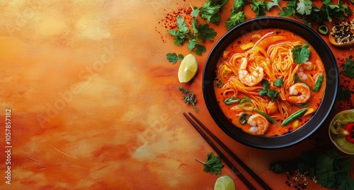 Delicious shrimp noodle dish served in a black bowl on an orange backdrop wit...
