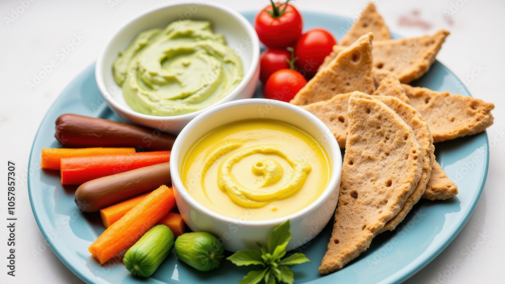A plate with three different dips accompanied by a variety of crackers and vegetables. A plate with three different dips accompanied by a variety of crackers and vegetables.