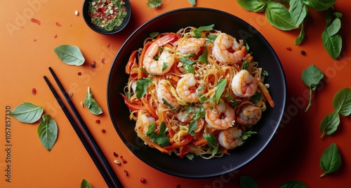 Delicious shrimp noodle dish served in a black bowl on an orange backdrop wit...