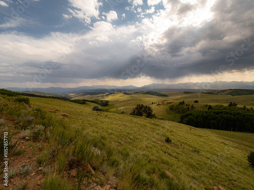 Thunderstorm over the rocky mountains panoramic dramatic view