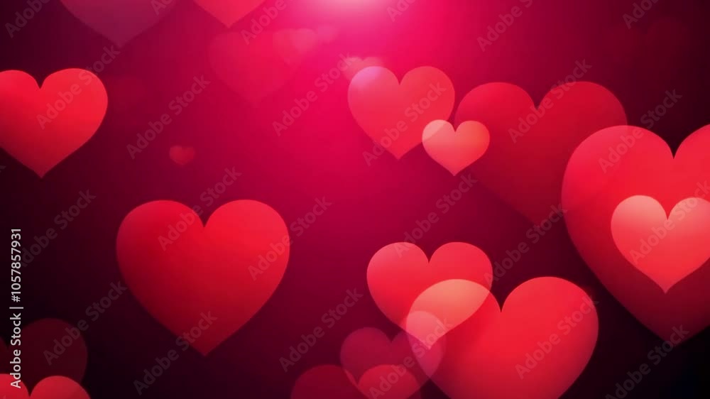 Valentine red hearts on dark red background flying around. Loop video. Abstract red hearts on dark background. Concept: valentine's day, anniversary, mother's day, marriage, invitation e-card. Seamles