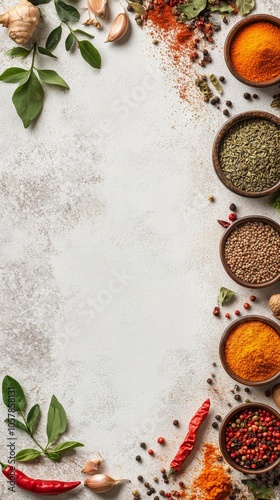 A variety of spices and herbs arranged on a countertop ready for culinary use...