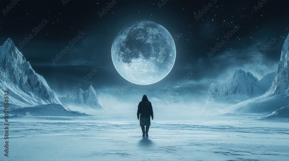 Obraz premium A solitary figure walks across a snowy landscape towards a giant moon in the night sky.