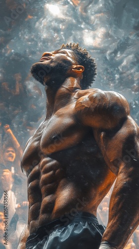 Powerful african american mma fighter with defined muscles celebrating victory in a crowded arena, raising his head and showing his impressive physique