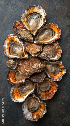 Freshly prepared oysters topped with seasoning and herbs served on a slate pl...