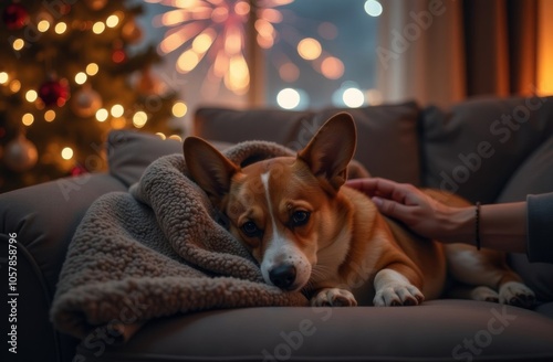 Corgi dog is very afraid of fireworks. He is shaking with fear and crying. The owner is trying to calm the pet. Please do not throw firecrackers