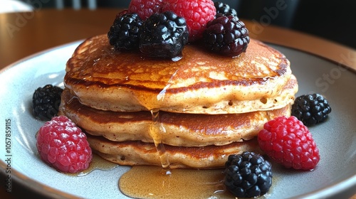 Delicious stack of fluffy pancakes topped with fresh blueberries and syrup se...