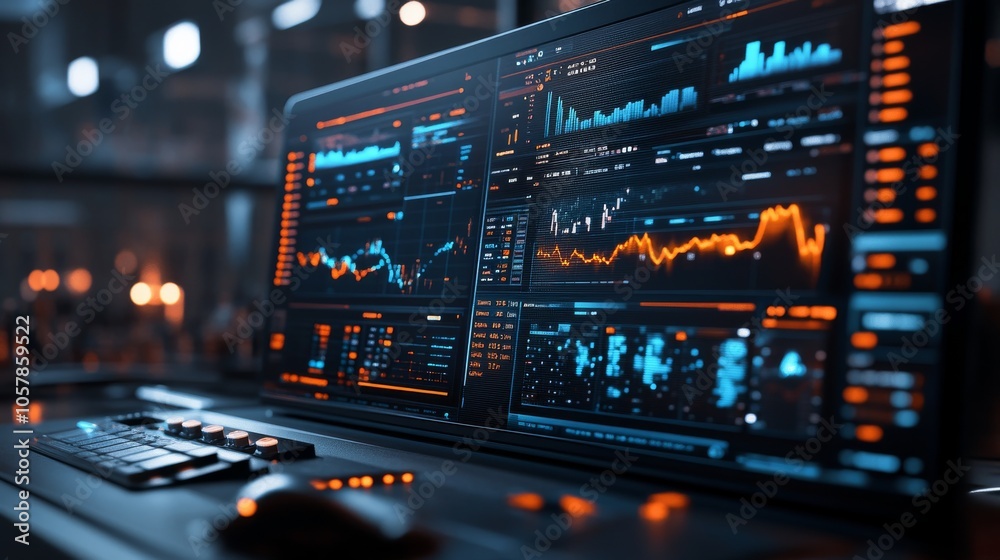 A futuristic digital dashboard displaying real-time stock market trends
