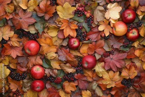 Autumn harvest with vibrant fruits and colorful leaves displayed on a dark su...