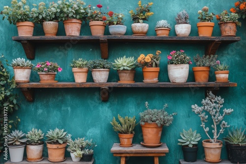 Plants arranged on wooden shelf against green wall in modern home decor