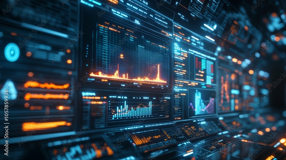 A futuristic digital dashboard displaying real-time stock market trends A futuristic digital dashboard displaying real-time stock market trends