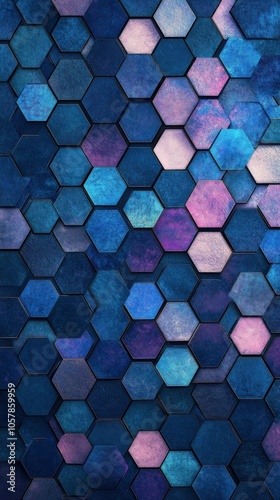 Vibrant blue hexagonal tiles arranged in an artistic pattern showcasing vario...