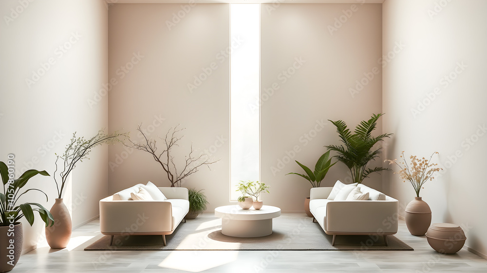 modern bathroom with white walls, concrete floor, comfortable white sofas with towels and plant pots modern bathroom with white walls, concrete floor, comfortable white sofas with towels and plant pots