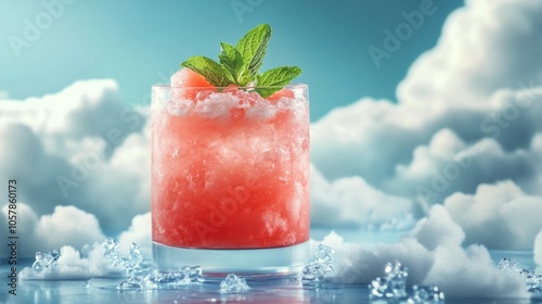 Refreshing cocktail with mint and ice against a dreamy cloud backdrop at sunset