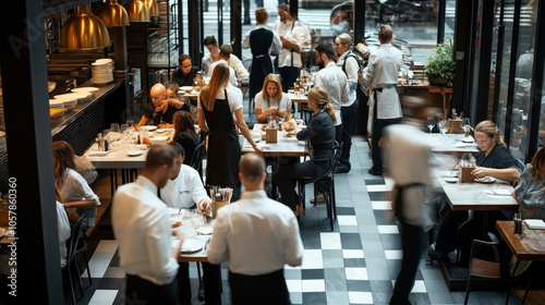 Busy restaurant interior with waitstaff serving customers, featuring modern decor and large windows