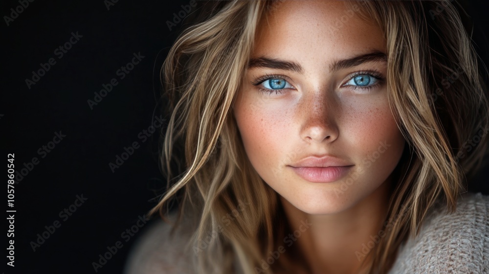 Young woman with striking blue eyes and natural makeup poses against a dark background in soft light Young woman with striking blue eyes and natural makeup poses against a dark background in soft light