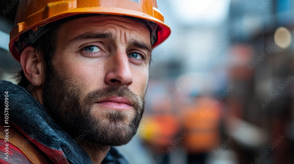 Close-up portrait of a confident construction worker wearing a hard hat, standing on a building site, showcasing professionalism and safety in the construction industry Close-up portrait of a confident construction worker wearing a hard hat, standing on a building site, showcasing professionalism and safety in the construction industry