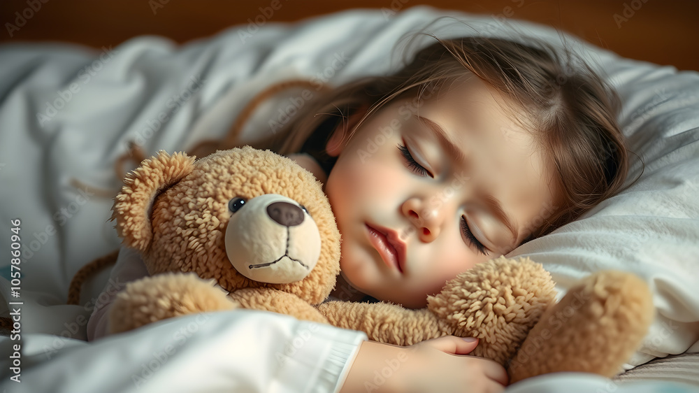 Little girl sleeps soundly, holding a teddy bear tightly, highlighting a moment of serene childhood rest. Generative AI Little girl sleeps soundly, holding a teddy bear tightly, highlighting a moment of serene childhood rest. Generative AI