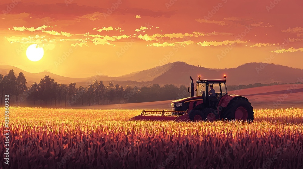 Fototapeta premium A vibrant dawn a farmer harvesting crops with a tractor amidst golden fields and sunrise skies