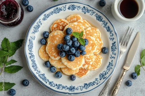 Delicious pancakes served with fresh blueberries and syrup on a vintage plate