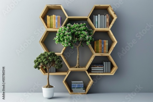 wooden Hexagon shelf little tree  books  decoration copy space  mock up  hexegon photo