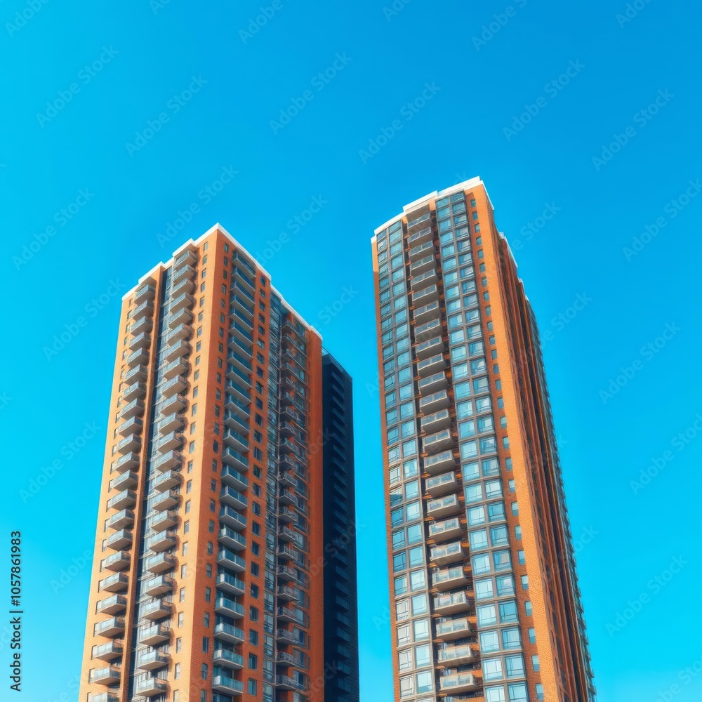 Two skyscrapers against the blue sky the twin towers are made of red brick new buildings sale of real estate buying apartments in a multi-storey building Condominium Two skyscrapers against the blue sky the twin towers are made of red brick new buildings sale of real estate buying apartments in a multi-storey building Condominium