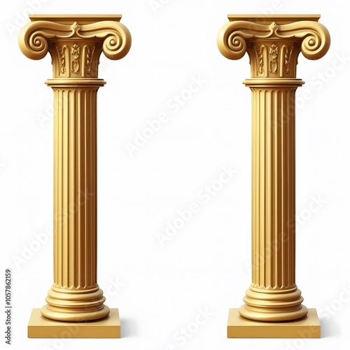 Golden Classical Columns Isolated on White Background