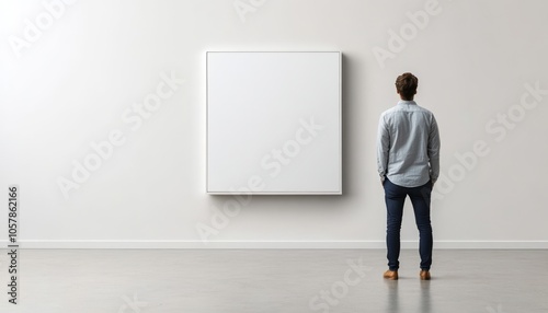 A person stands before a blank canvas on a minimalist wall.