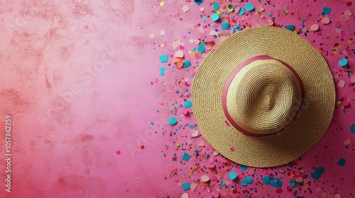 A stylish straw hat surrounded by colorful confetti on a vibrant pink background