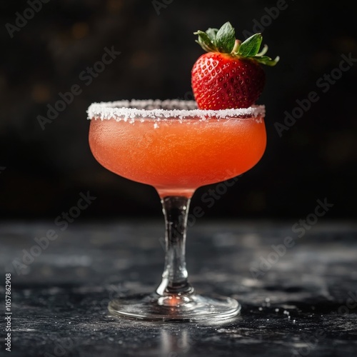 A refreshing strawberry margarita served in a classic glass on a dark background