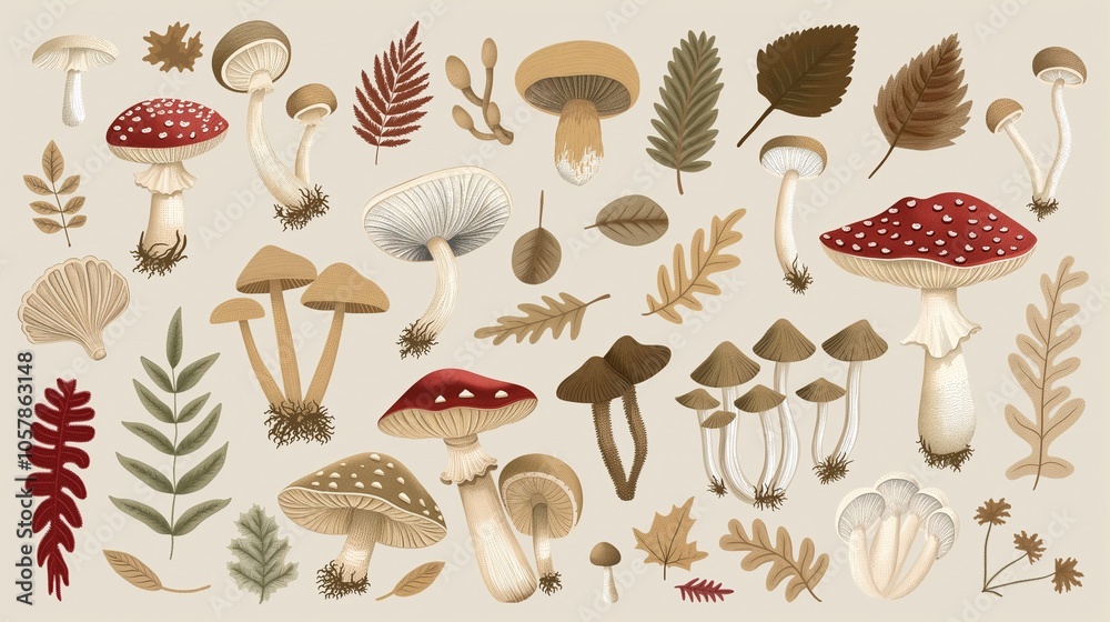 Various mushrooms and leaves with earthy tones 2D illustration, ai generated Various mushrooms and leaves with earthy tones 2D illustration, ai generated