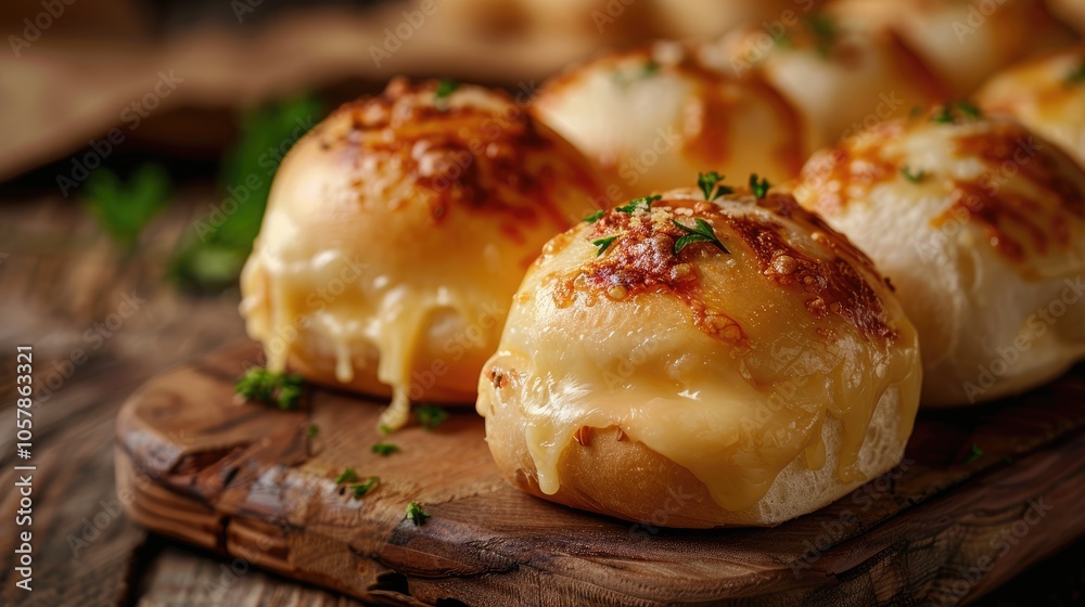 Cheese-topped half bun with blurred bread rolls on aged wood Cheese-topped half bun with blurred bread rolls on aged wood