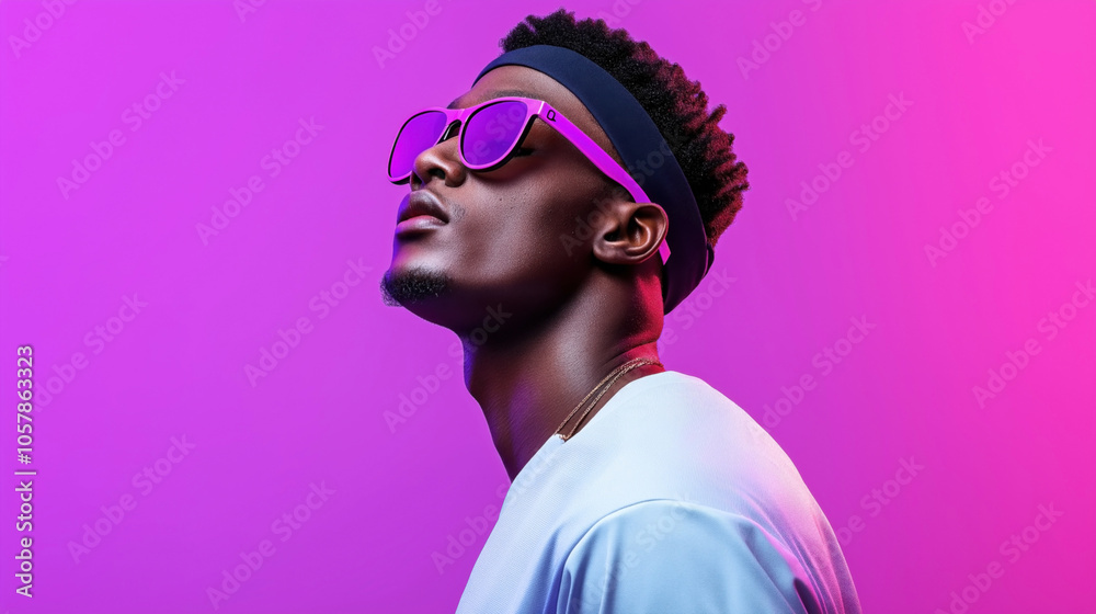 Profile of a man wearing sunglasses and headband against a vibrant purple background, highlighting fashion and modern style with neon-like lighting effects. Profile of a man wearing sunglasses and headband against a vibrant purple background, highlighting fashion and modern style with neon-like lighting effects.