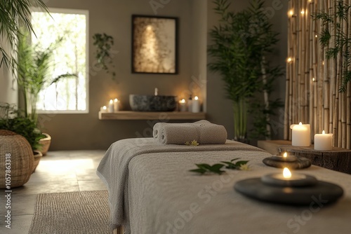 Tranquil spa setting with candles, stones, and towels arranged for relaxation...