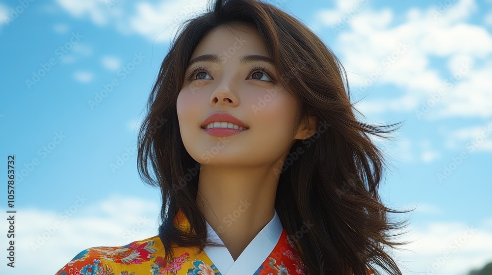 Smiling woman with long dark hair looking up at a blue sky while wearing traditional Korean clothing. Smiling woman with long dark hair looking up at a blue sky while wearing traditional Korean clothing.