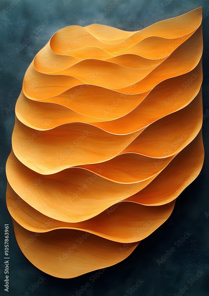 A series of orange paper shapes are arranged in a way that creates a wave-like pattern. The shapes are all different sizes and are overlapping each other, creating a sense of depth and movement A series of orange paper shapes are arranged in a way that creates a wave-like pattern. The shapes are all different sizes and are overlapping each other, creating a sense of depth and movement