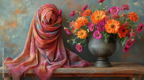 Vibrant floral arrangement on an antique table with a patterned textile